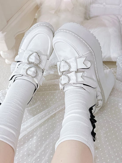 Matte White Jirai Kei Rhinestone Heart Bowknots Velcro Strap Closures  Landmine Style Platform Shoes