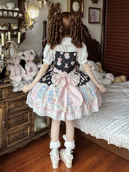 Bunny Plush Toy Sweet Teddy Lolita and Dress Black Print Overall