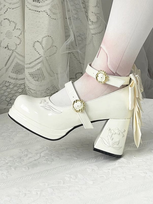 Lily Polished the Heels White Mary Middle Janes Detachable Valley Embroidery Bowknot of