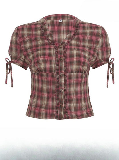Plaid Sleeves Ruffles Trim Pattern Shirt V-neck Y2K Short RedBrown