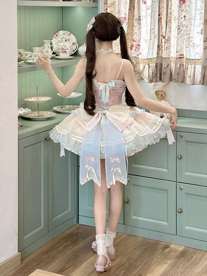 Dress Accents Corset Boned Straps Rainbow Lolita Skirt Bow Thin Jumper Shoulder Pastel