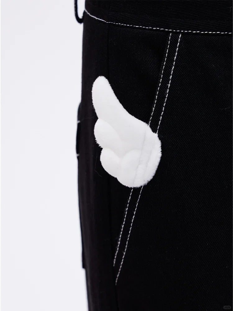 Self-tie Strap Design Wings Cargo Pocket Wide-Leg Jeans with Black Angel