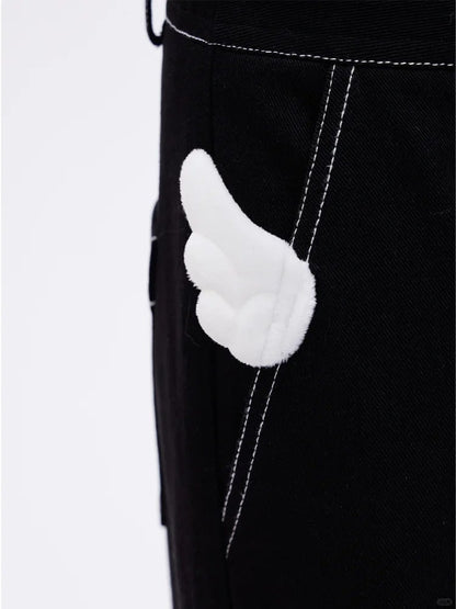 Self-tie Strap Design Wings Cargo Pocket Wide-Leg Jeans with Black Angel