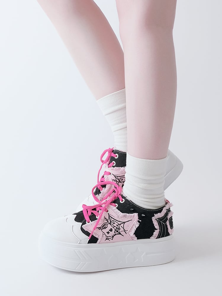 Black Pink Star Applique Platform Sneakers