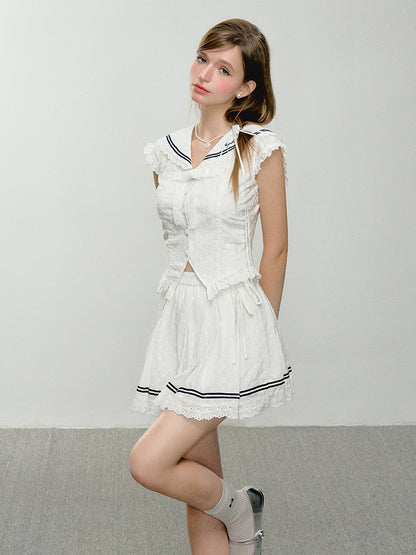 Self-tie Straps Waist White Pleated Skirt