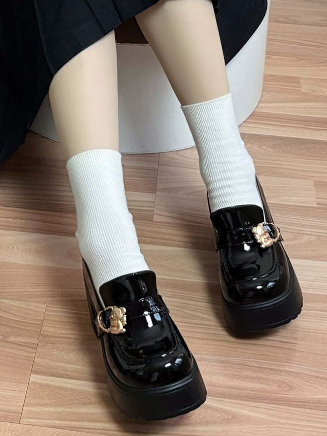 Polished Block Buckles High Bear Platform Slipons Black Heels Hugging Heart