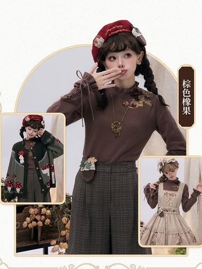 Lace-up Brown Pinecone Knit Cuffs Top Neckline Embroidery Autumn