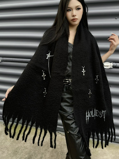 Punk Black Letters Pattern Cross Charms Adorned Knit Scarf Fringe Hem