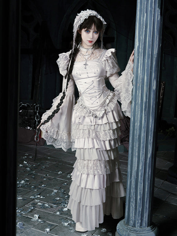 Veil Necklace Set - Silver Mermaid + Full Lolita Skirt Chain Tiered Top Waist Gothic Corset Head