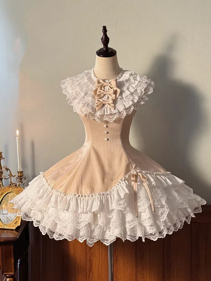 Lolita Fabric Champagne Layered Neck Ruffle Striped Dress Fit Slim Sweet Waist Sleeveless