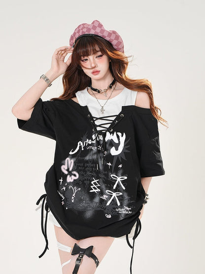 Lace-up Front Candlestick Print Black/Gray T-shirt