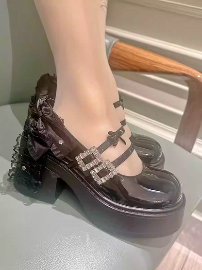 Polished Black Rhinestone Buckle Bowand Floral Block Heel Mary Janes