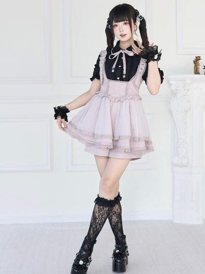 Jirai Kei – Schwarz/Weiße Bluse mit kurzen Ärmeln und Perlenkragen