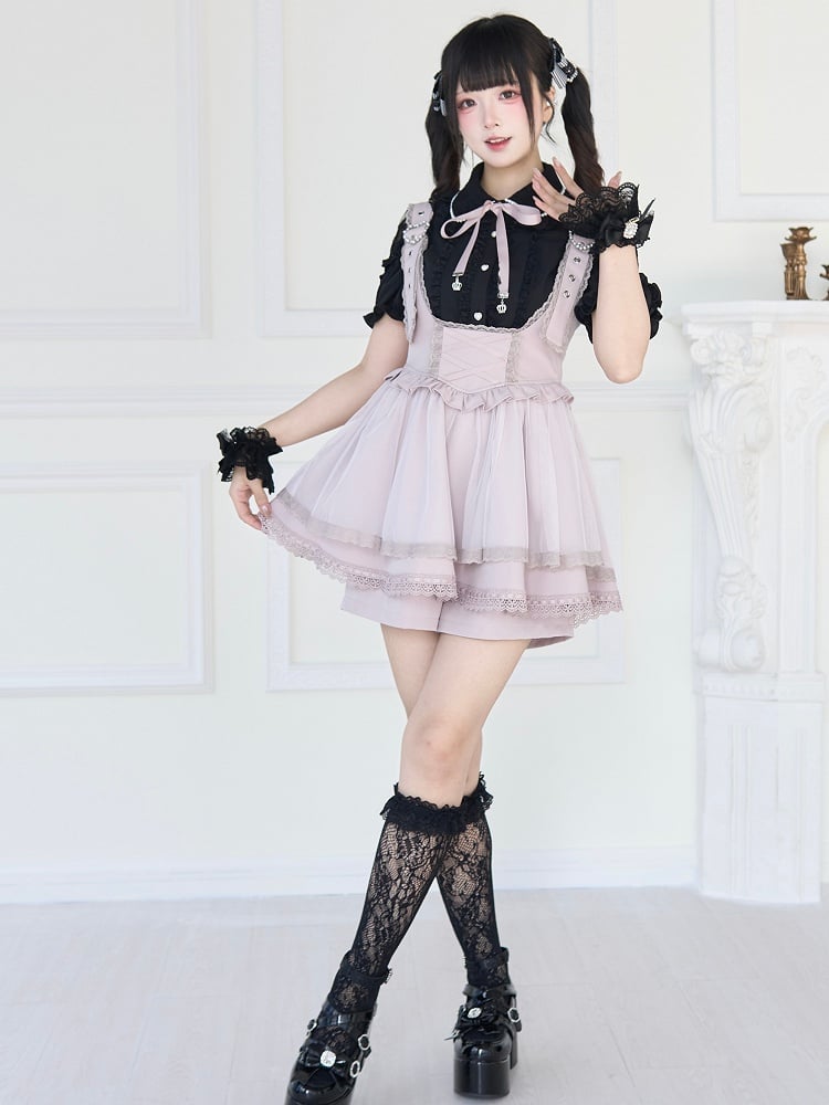 Buckle Straps Heart Details Jirai Kei Overall Dress Adjustable Shoulder Pink with Beaded