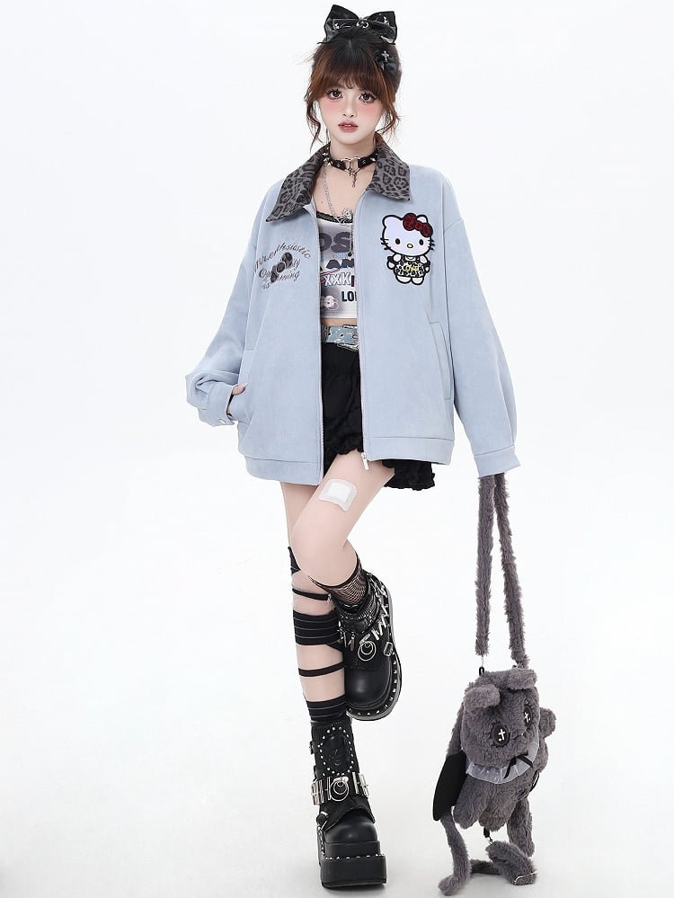 Veste de baseball à col léopard Blue Kitty