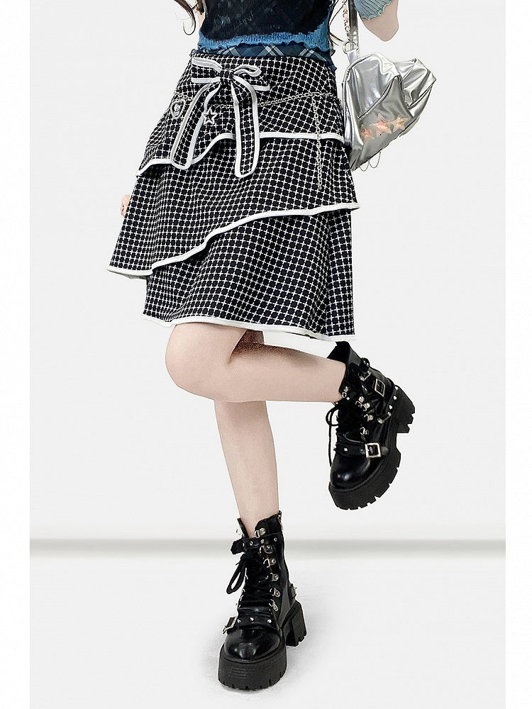 Decorated Bittersweet Tiered Plaid Bowknot Pattern Y2K Black