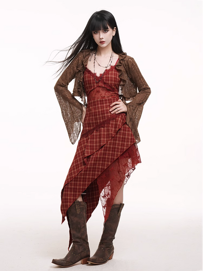 Handkerchief Hem Cutout Midriff Cami Dress Red Plaid V-neck