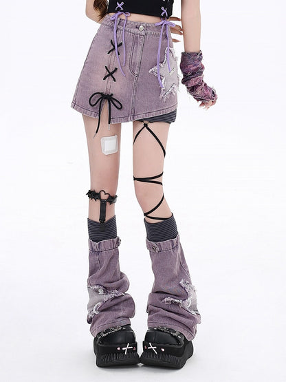 High Leg Waist with Star Denim Free Sleeves Purple Applique Skirt