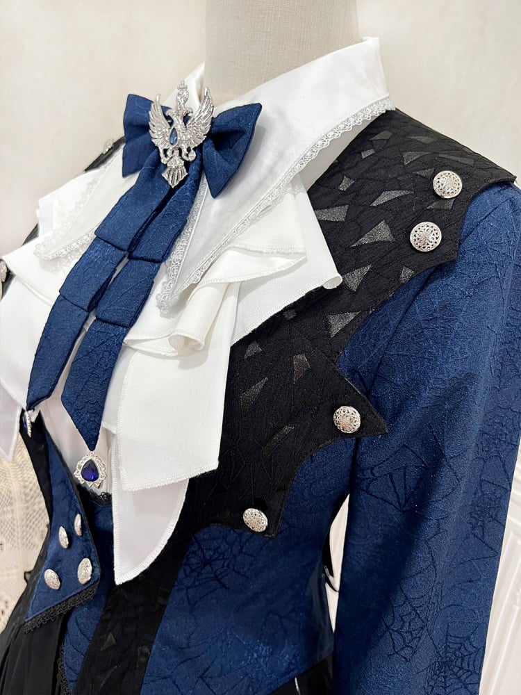 Gothic Ouji Lolita Ciel Vibes Dark Blue Prince Coat White Long Sleeves Shirt Dark Blue  Shorts