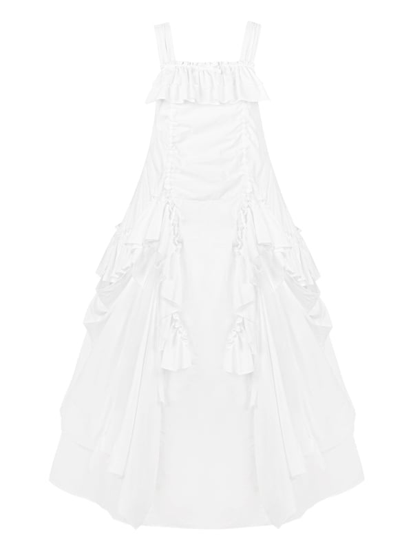Dress Loose White Goth Ruffles Design Drawstring Cascading