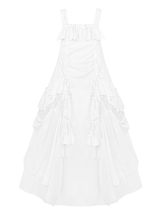 Dress Loose White Goth Ruffles Design Drawstring Cascading