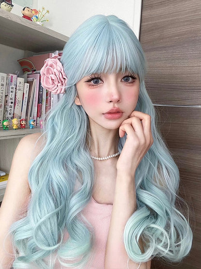 Light Blue 60CM Under Bust Length Wavy Wig With Bangs
