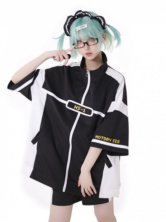 Elbow-Length Sleeves Jirai Kei Zip-up Sweatshirt White Landmine Style Black