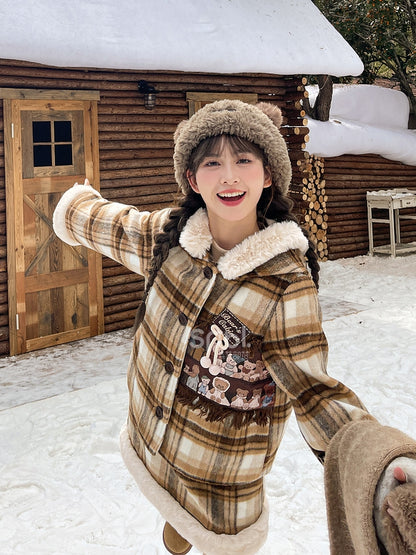 Brown Cute Little Bears Applique Plaid Hooded Woolen Coat Short Version
