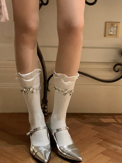 White Black Rhinestoned Bowknot Calf Socks