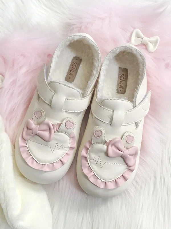 Besatz Fleece Beige Flats Herz Ohr Gefüttert Lolita mit Rüschen Süße Applikation Hase Winter