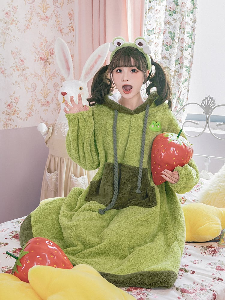 Green Frog Hooded Fleece Pajama Lounge Wear