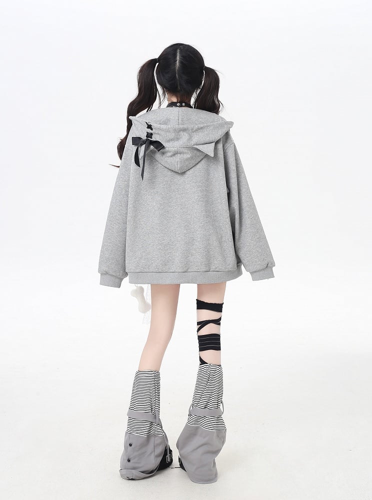 Bone Plushie Schwarz/Grau Zip-up Hoodie mit Kitty Ohren Kapuze und