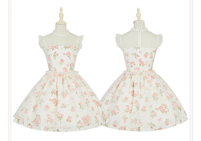 Dress Pink Print Rosette White Illusion Lolita Summer Neckline