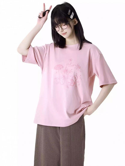 Loose Graffiti T-Shirt Puppy Round Neck Gray/Pink/Light Purple