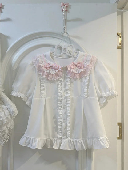 Lolita Rundärmel Flacher Hemdkragen Rosa Weiß Kurz und