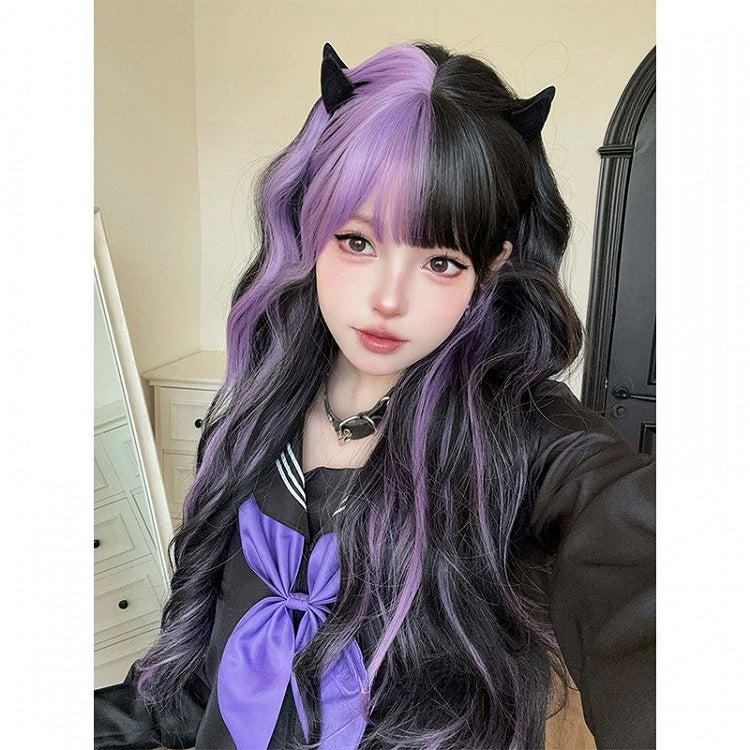 PurpleBlack With Wig 74CM Bangs Length Wavy Air Split Color