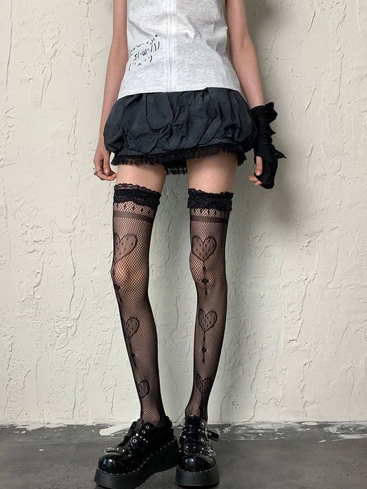 Fishnet Overknee Y2K Lace Stockings Heart Pattern Black Design Trim