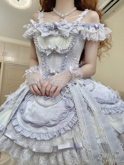 Lila Kleid mit schulterfreiem Balletcore-Lolita-Ausschnitt und Korsettträgern in der Taille
