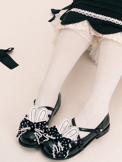 at Lolita Shoes Crisscross Bow Top Black Design Ear Bunny Polka-dot Pattern