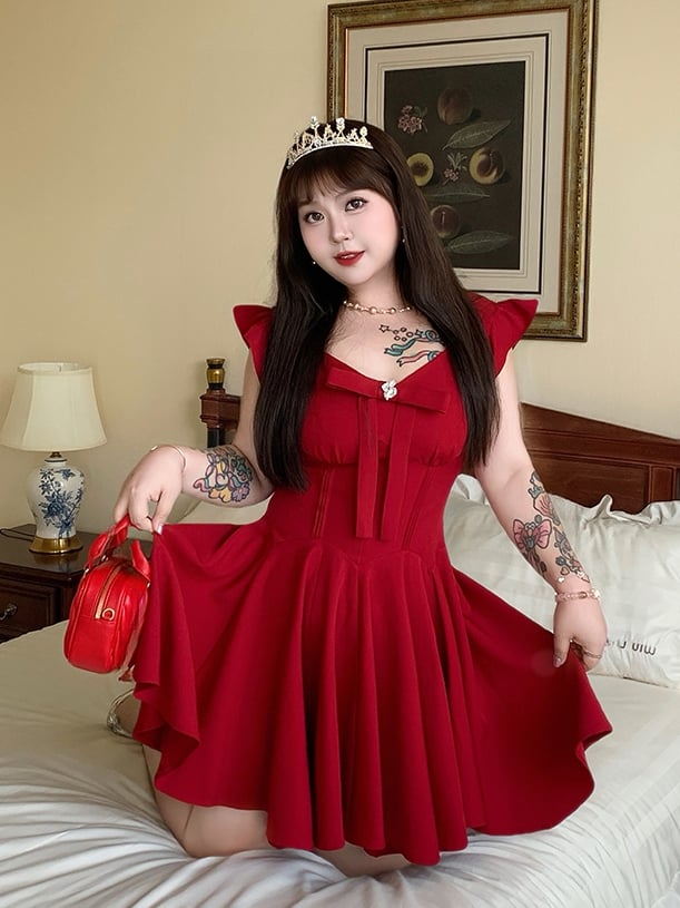 Plus Size V-neck Dress Flutter Sleeves Big Bow Front Red