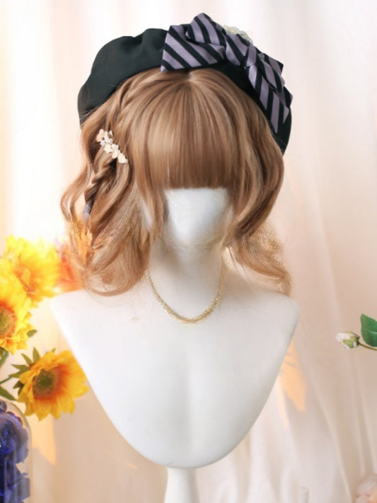 Champagne/Brown/Black Tea Short Wavy Wig with Full Bangs