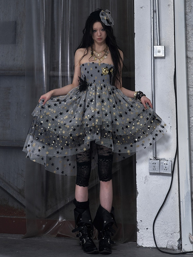 Dress Balletcore Tiered Mesh Skirt Strapless Gray Ash
