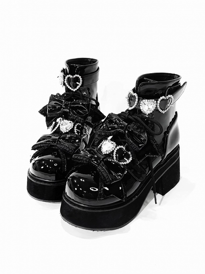 Plateau Stiefeletten Schnallen Jirai Kei Poliert und Schwarz Strass Sweetheart mit