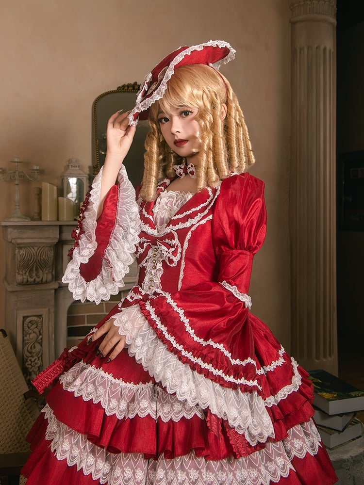 Red Gorgeous Tiered Ruffle Skirt Puff Sleeves and Bell Sleeves Lolita Dress