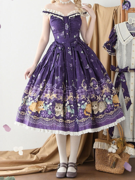 Purple Lolita Scalloped Neckline Eyelet Trim Print Cami Grapes Top