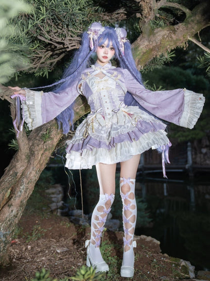 Robe Lolita Qi à taille corset violette avec gros nœud à la taille