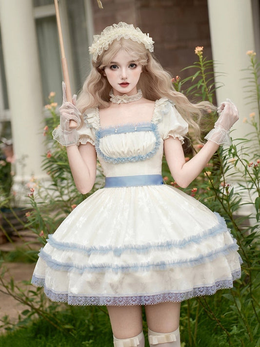Lolita Lace and Puff Sleeves Dress Neckline Light Square Beige Trims Short Blue