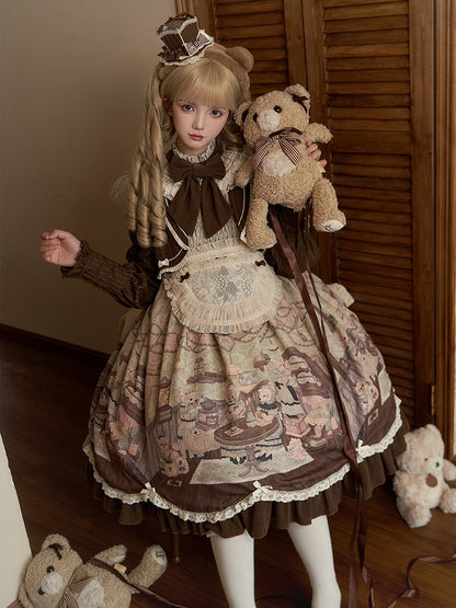 Print Lolita Two Teddy House Pieces Dress Coffee Design Long Green Sleeves Fake