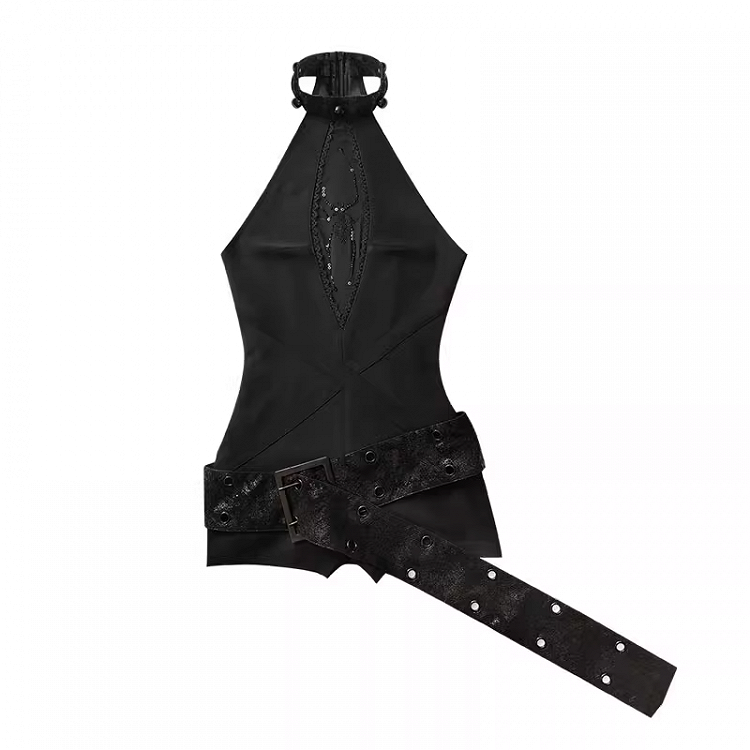 Belt Glamorous Black Halter Neck Spider Rhinestones Jumpsuit with Buckle