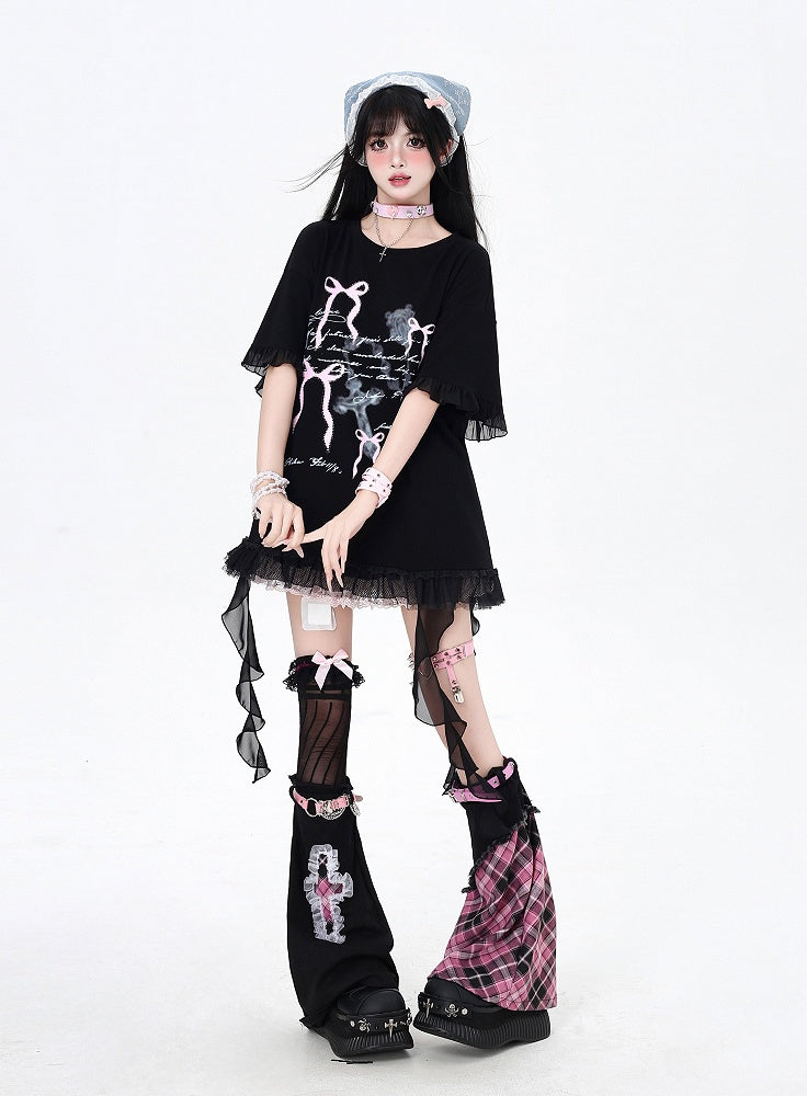 T-Shirt White/Black Cascading Ruffle Accents Bowknots Print Loose